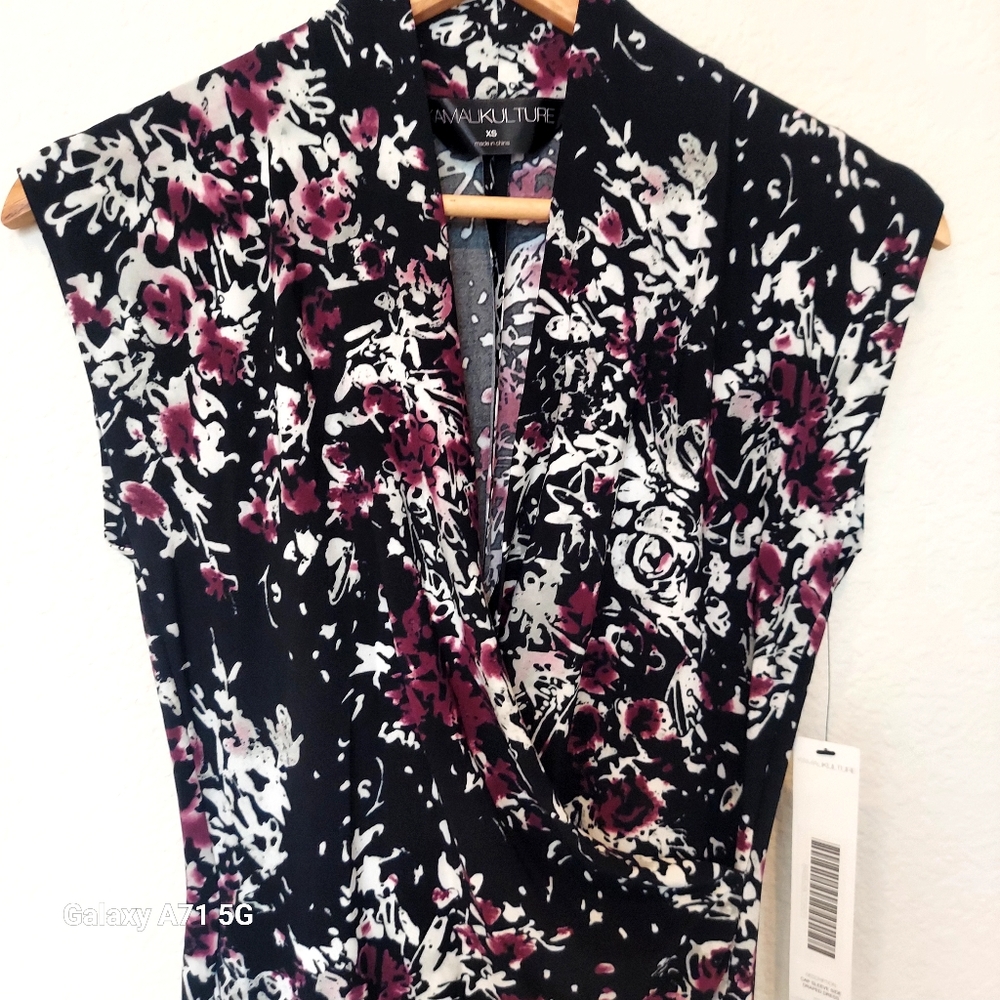 NWT Kamali Kulture Cap Sleeve Side Draped Dress Black Abstract Floral Sz…